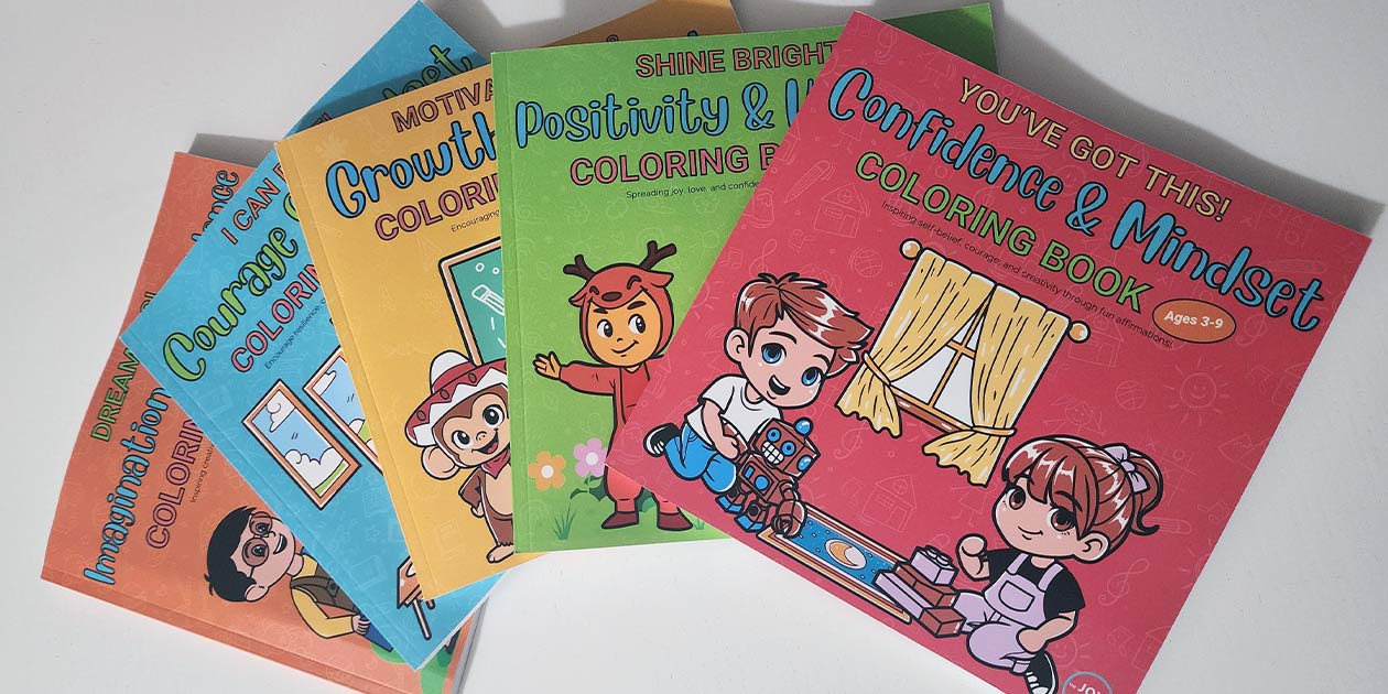 The Joy in You store featuring motivational stickers, magnetic buttons, and coloring books